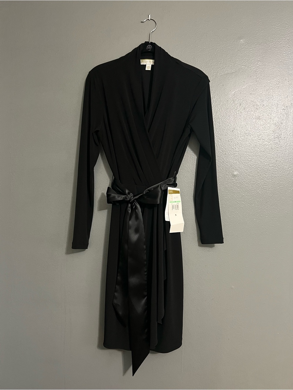 Morgan McFeeters Black Long-Sleeve Wrap Dress with Satin Tie